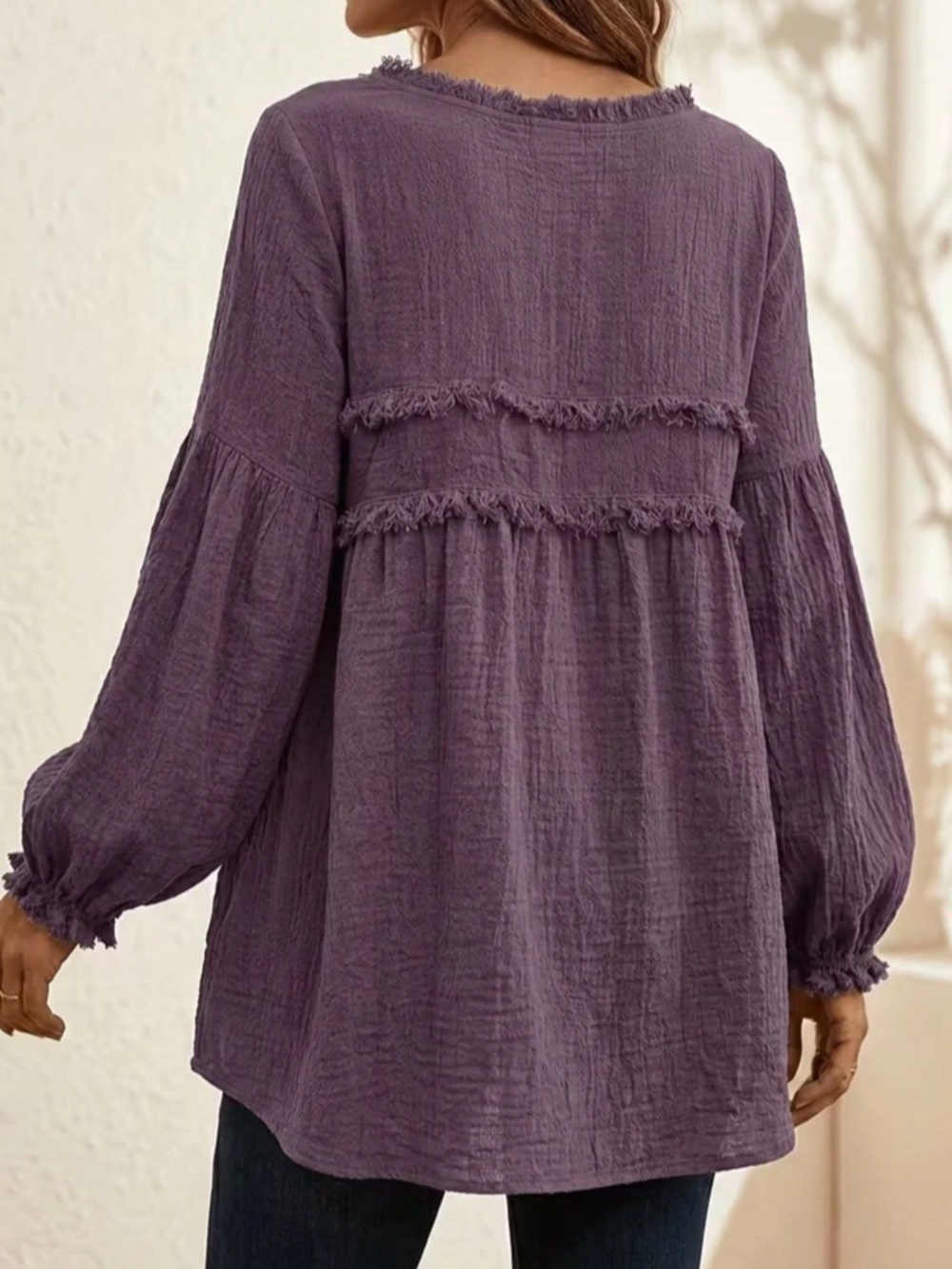 Solid Textured Round Neck Frayed Detail Long sleeve Top - Picture 12 of 12
